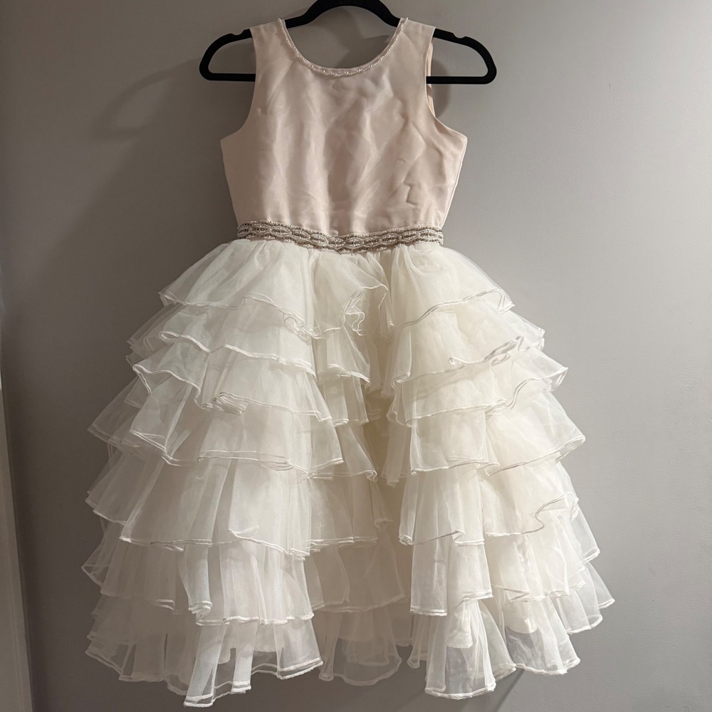 Chantilly Place Ruffle Tulle Dress Girls 12 Cream Formal Beaded F478980 Exc